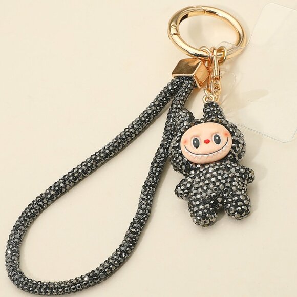GRAY Bling Studded Monster Bunny Figure Phone Strap Keychain Bag Charm - Picture 1 of 5